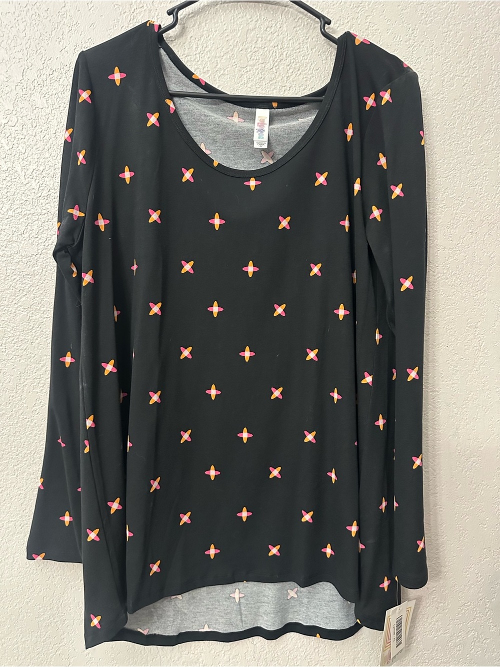 LuLaRoe Black Long Sleeve Top with Pink & Yellow Cross Motif